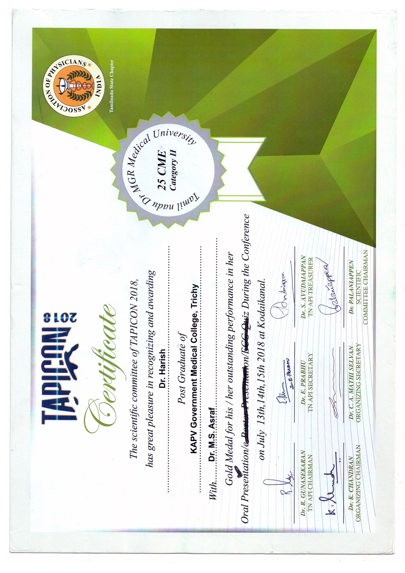 TAPICON 2018, Kodaikanal — Gold Medal, Oral/Poster Presentation (Dr. Harish)